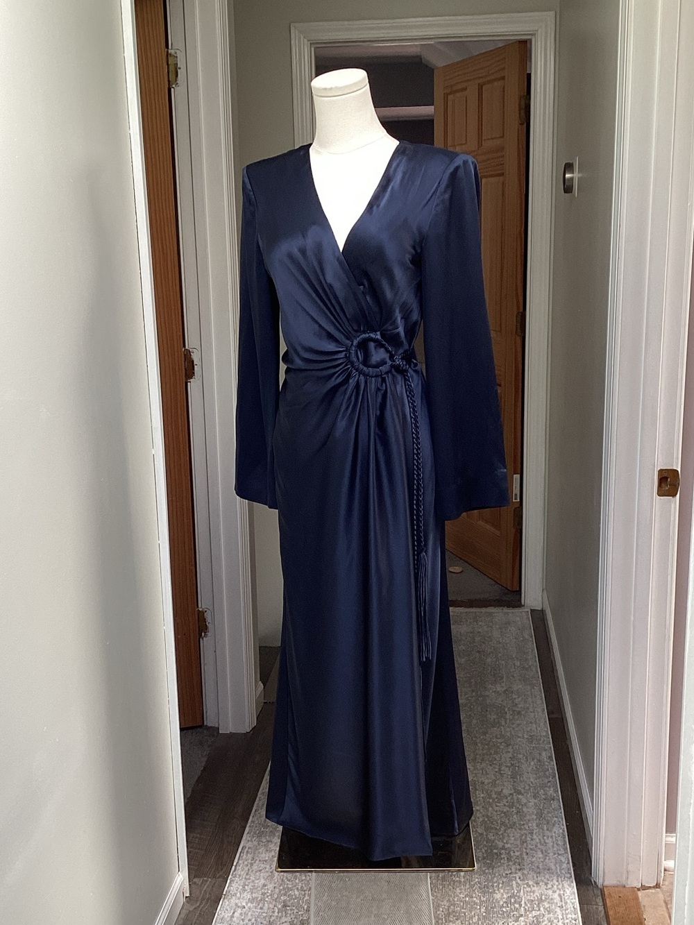 cinq a sept Navy Satin Wrap Maxi Dress with Rosette Tie